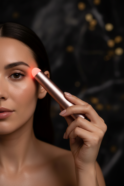 Woman using GlowVault Radiance Wand near eye area, red LED glow, luxury skincare editorial